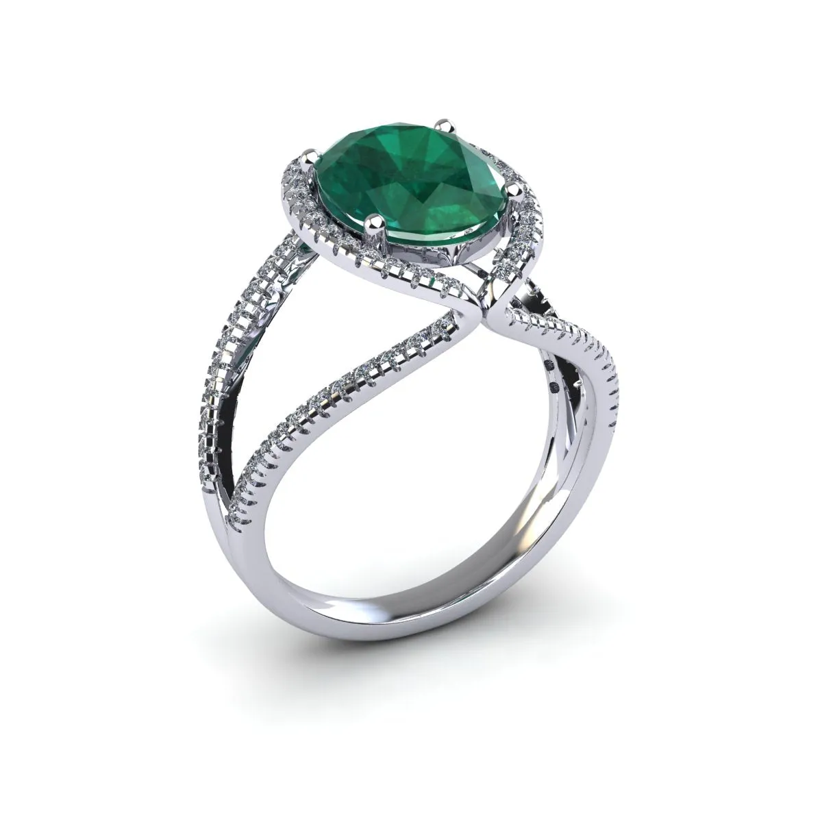 1 1/2 Carat Oval Shape Emerald And Halo Diamond Ring In 14 Karat White Gold