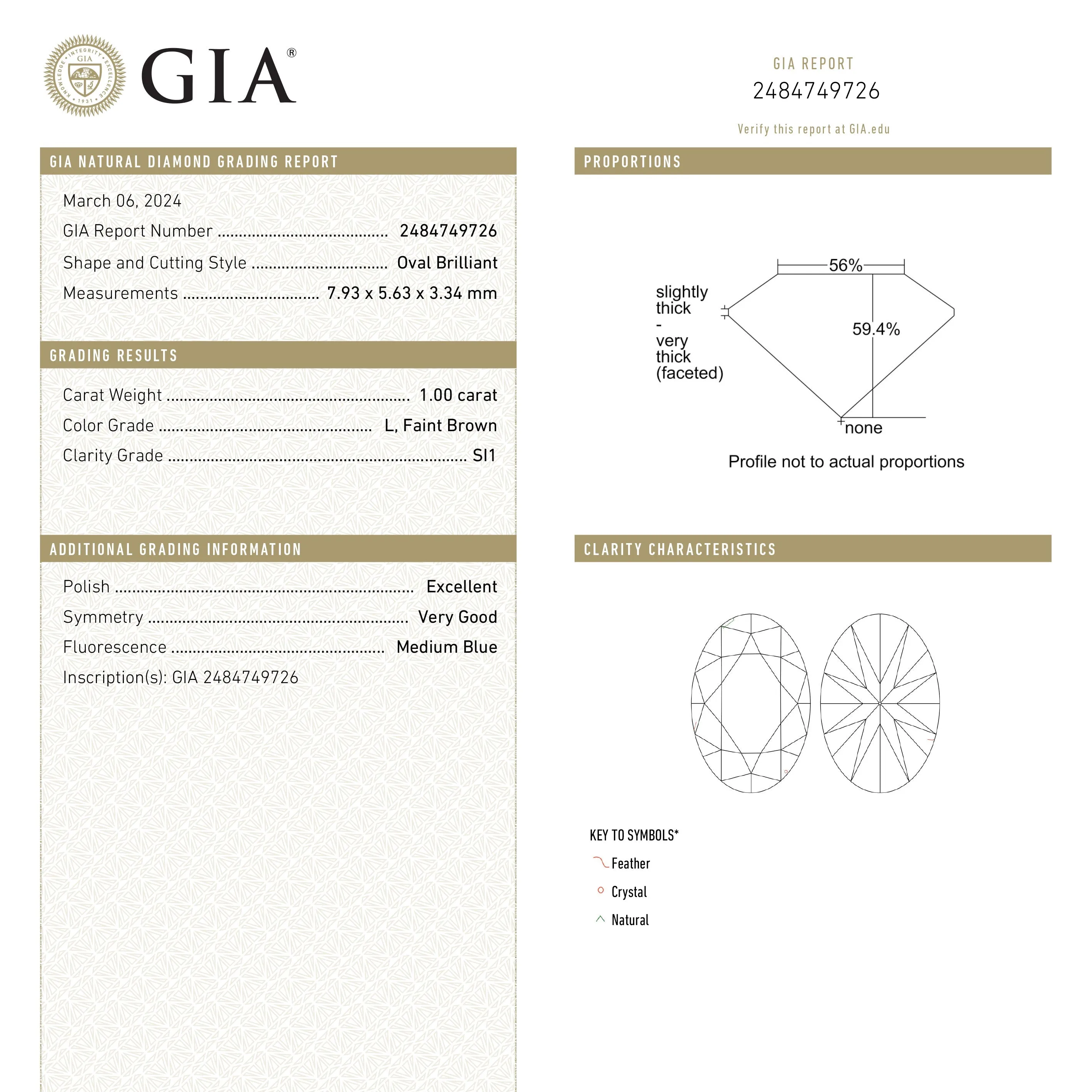 1.00ct 7.93x5.63x3.34mm GIA SI1 L Oval Brilliant  24841-01