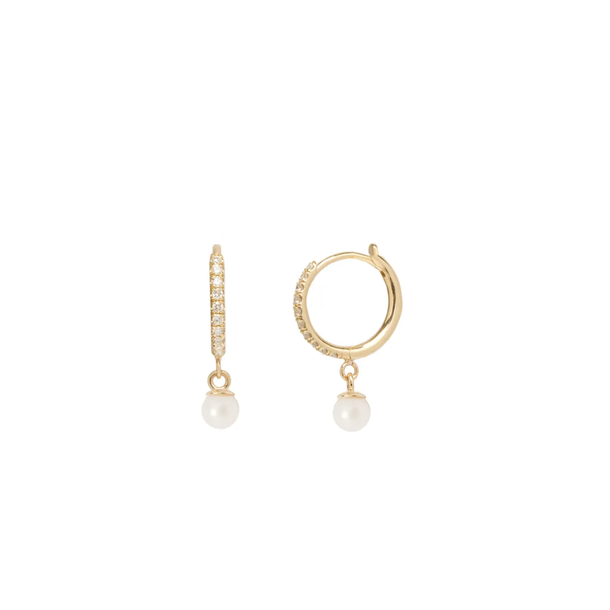 14k Medium Pavé Diamond Hinge Huggie Hoops with Dangling Pearls