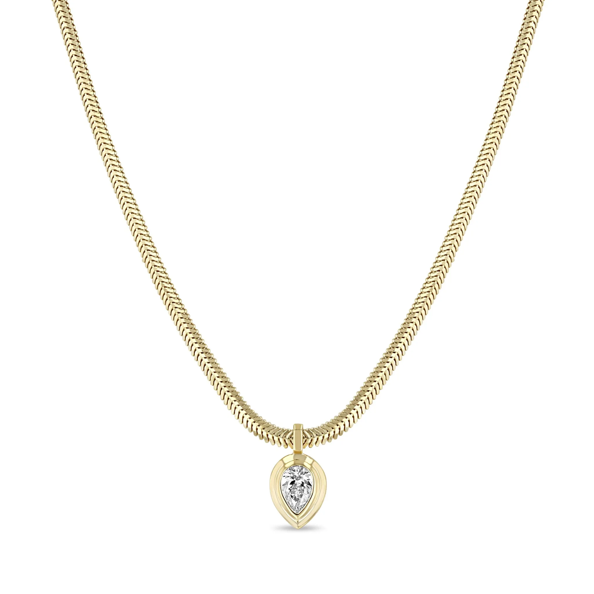 14k Pear Diamond Bezel Pendant Snake Chain Necklace