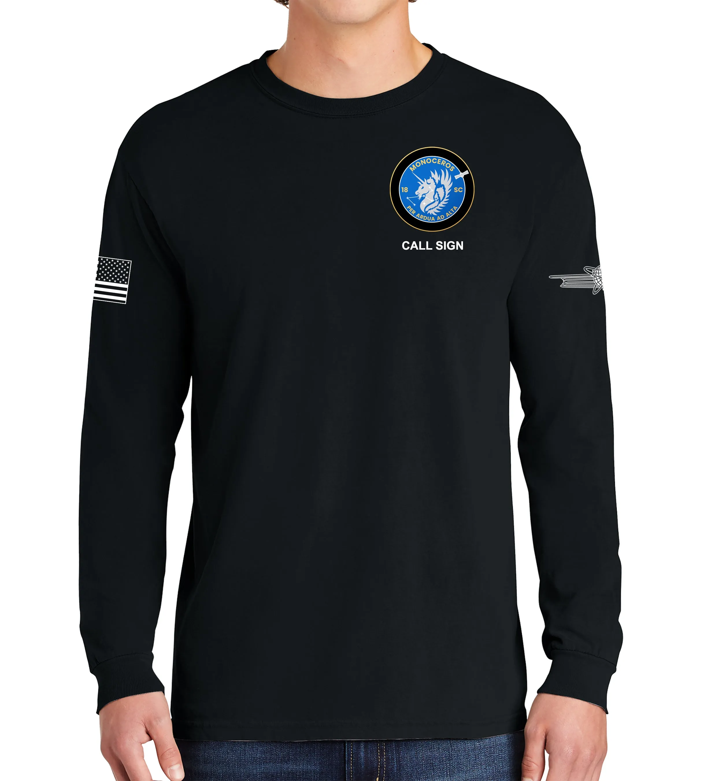 18th Monoceros Long Sleeve 50-50 Blend Unisex Shirt. This shirt IS approved for PT