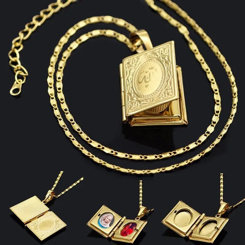 2 pc Necklace Quran Book Openable Pendant Photo Locket Box Necklace Religion Islamic Jewelry Accessories - S322379268