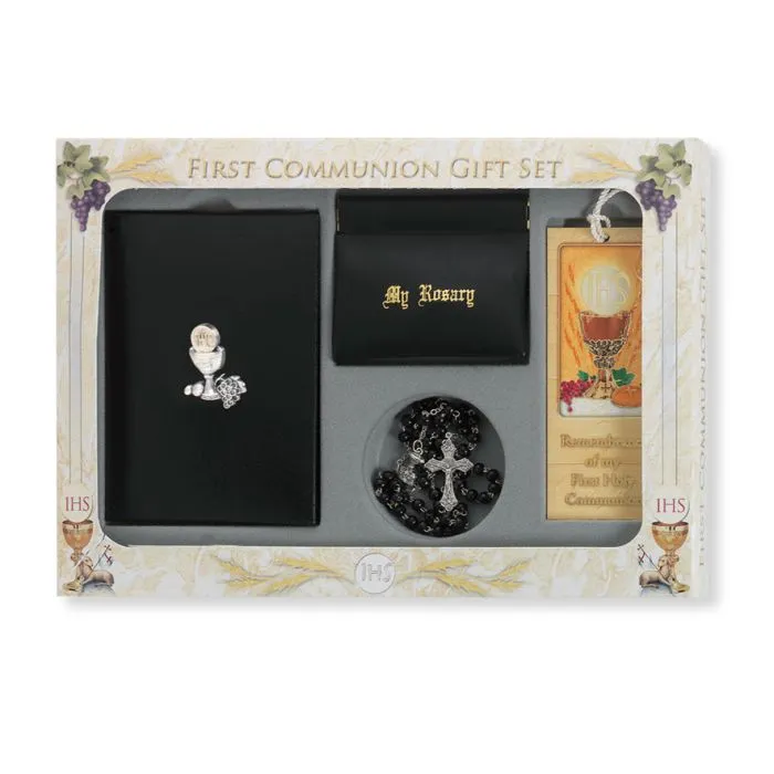 6pc. Black Blessed Trinity Missal with Silver Finish Communion Symbol Gift Set -P65