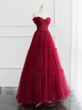 A-line Off Shoulder Tulle Shiny Burgundy Long Prom Dress, Burgundy Long Formal Dress