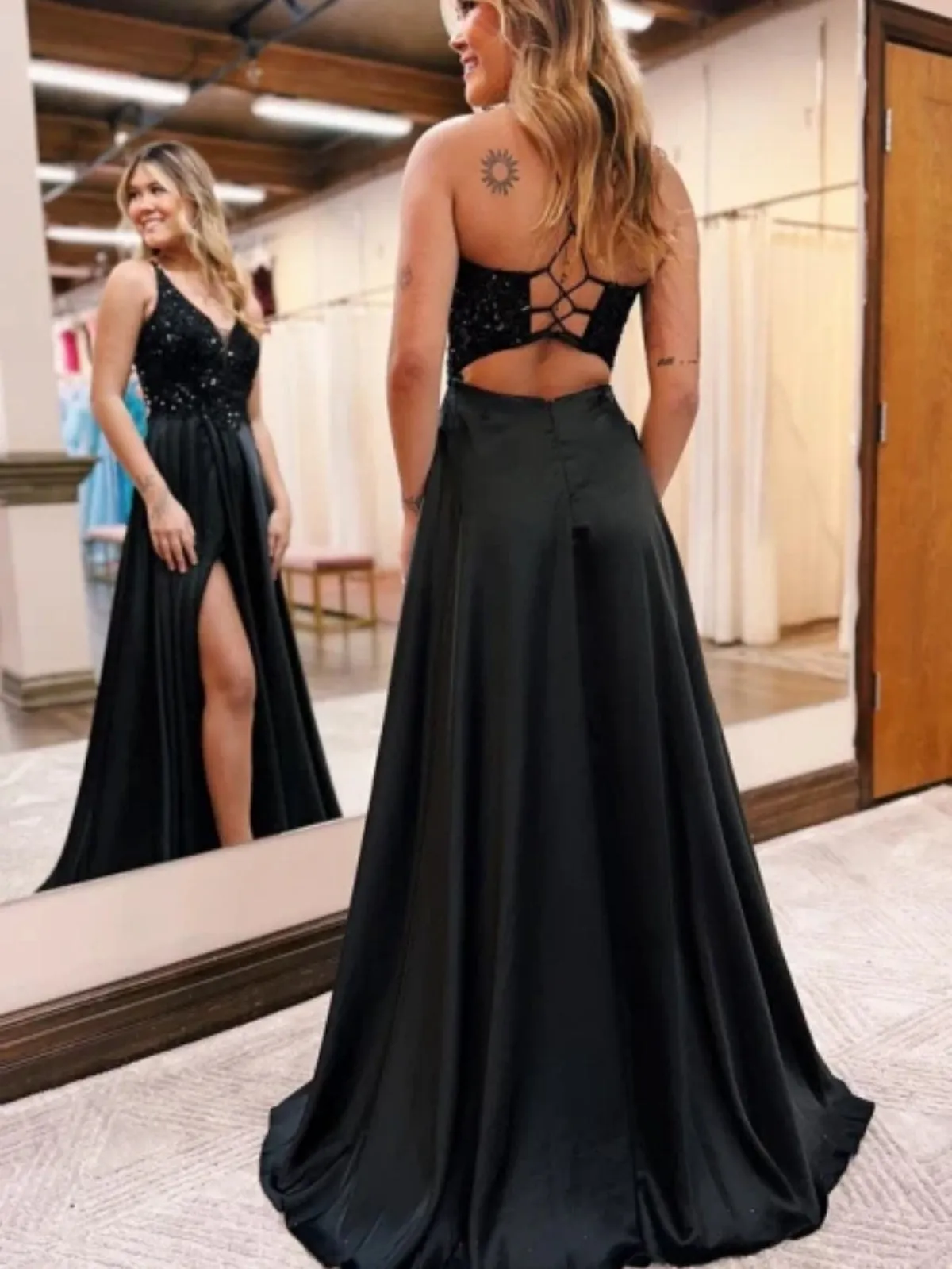 A Line V Neck Open Back Black Sequin Long Prom Dresses with High Slit, V Neck Black Formal Graduation Evening Dresses SP2797