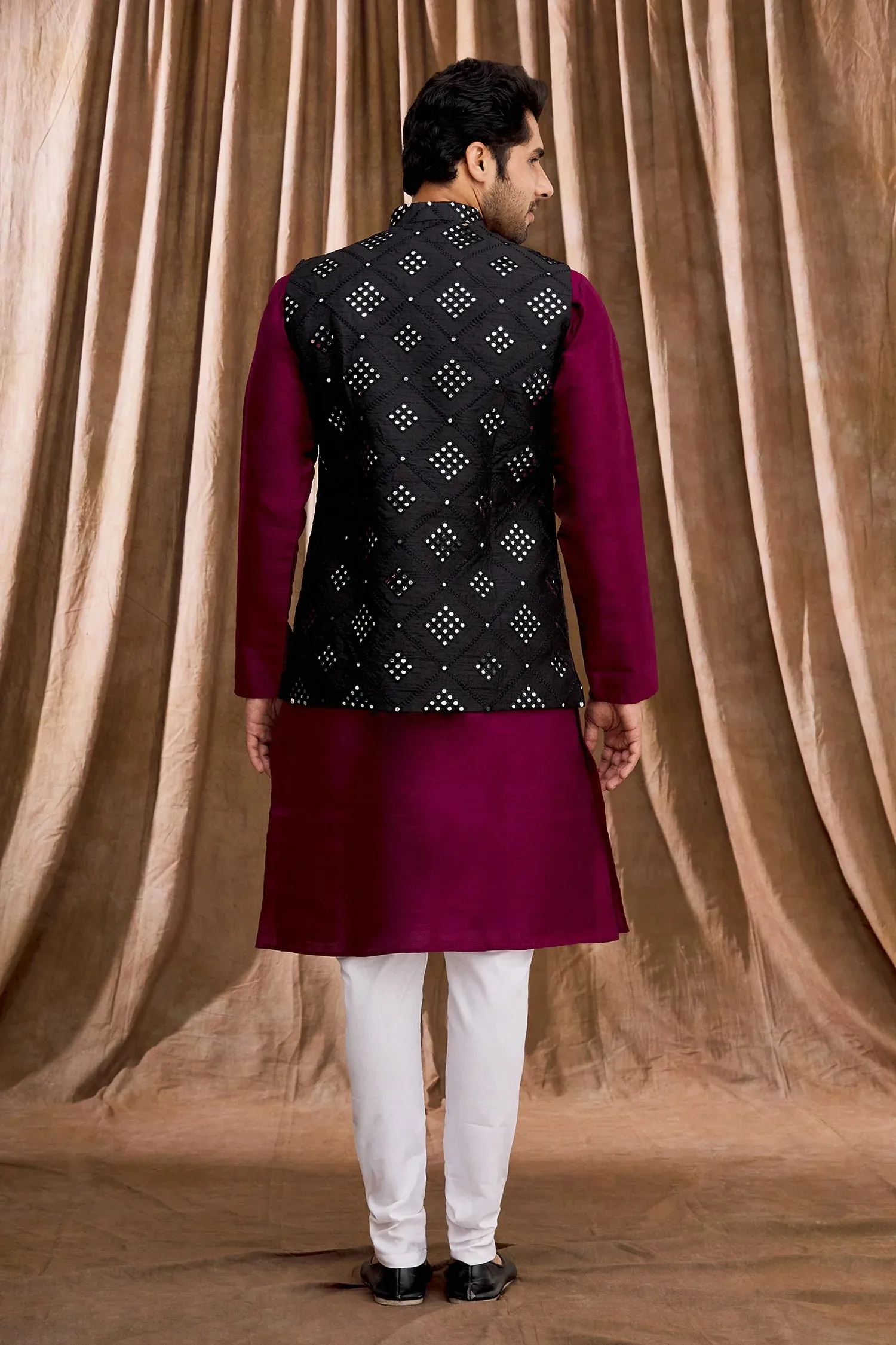 Aham Vayam's Mirror work Nehru jacket with Kurta set- Rent