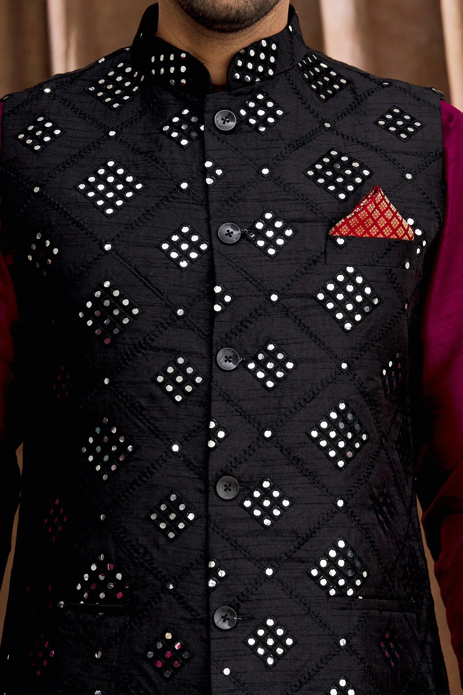 Aham Vayam's Mirror work Nehru jacket with Kurta set- Rent