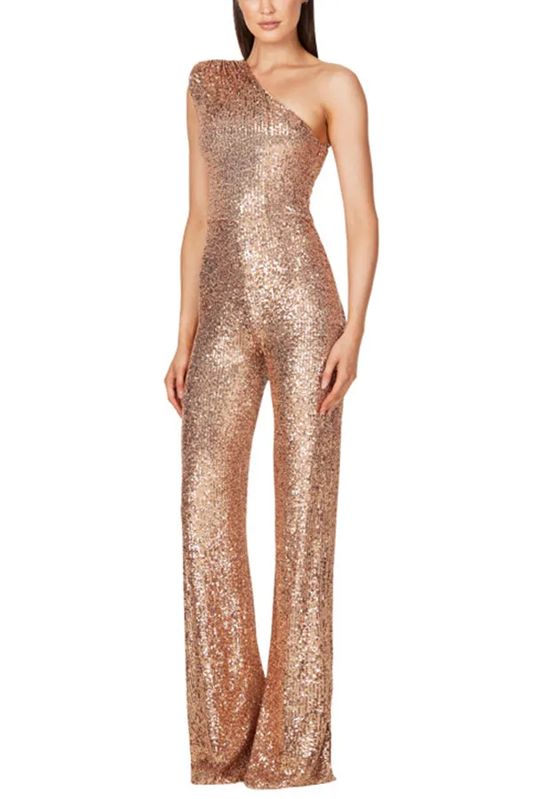 Alize Stretch Sequin One Shoulder Wide Leg Jumpsuit