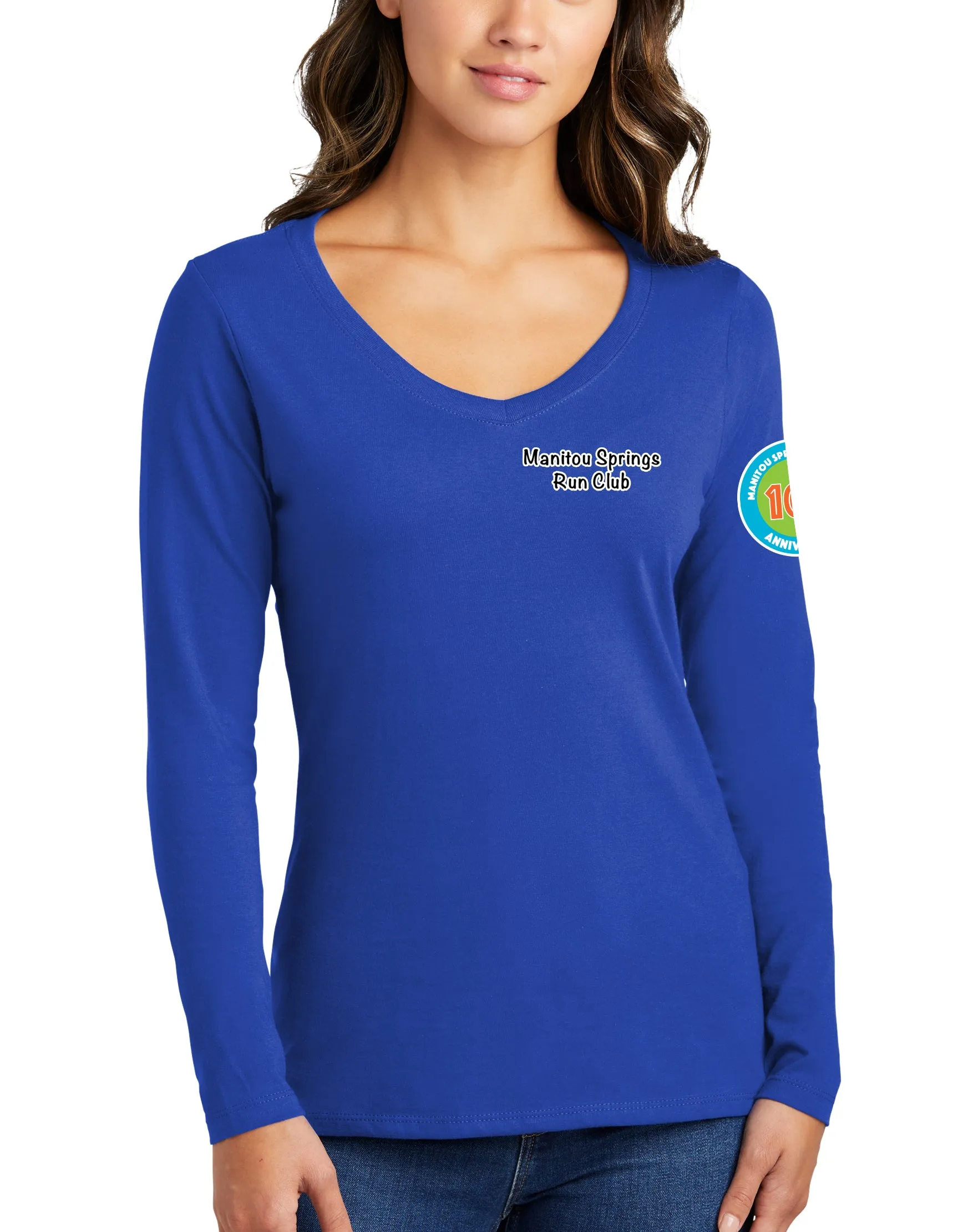 Anniversary Patch Women's Long Sleeve Ring Spun Cotton V-Neck Shirt. This shirt comes in multiple colors.