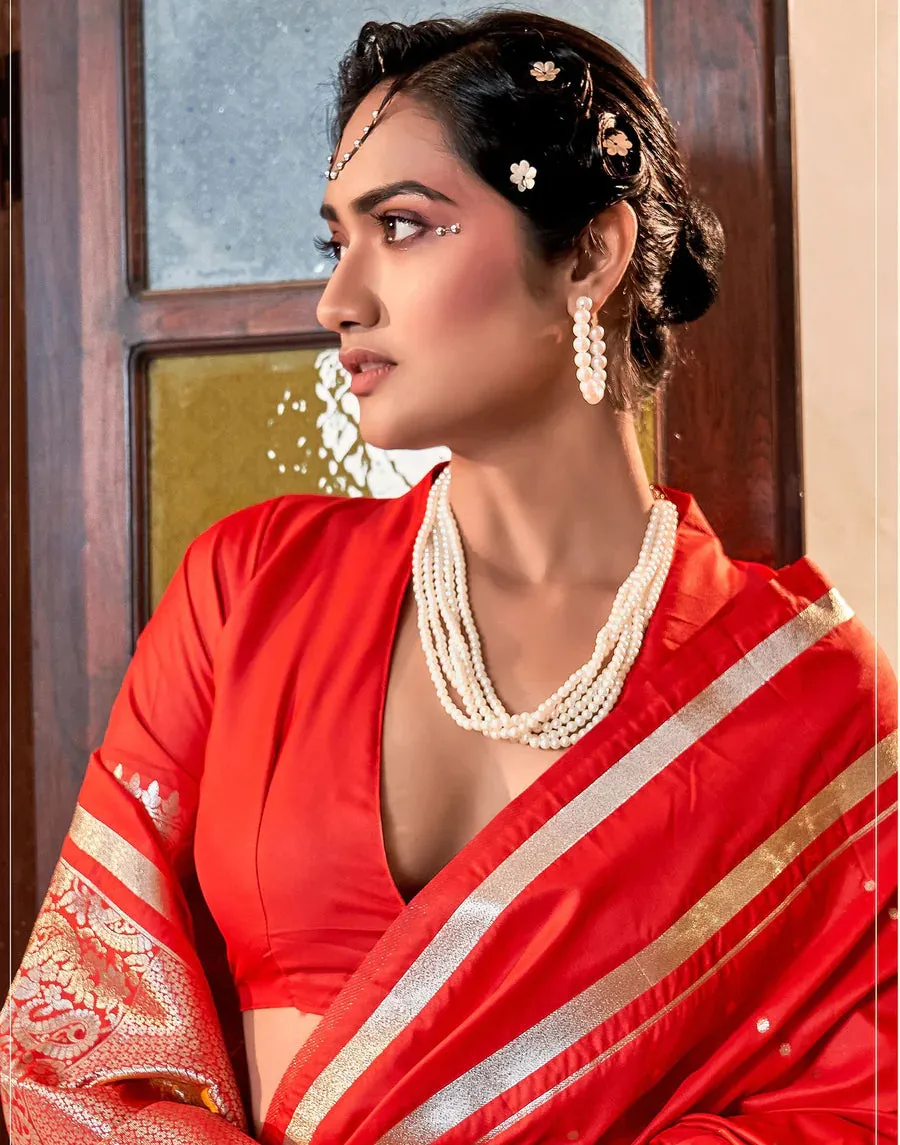 Appealing Red Color Silk Saree With Mango Motifs For Women