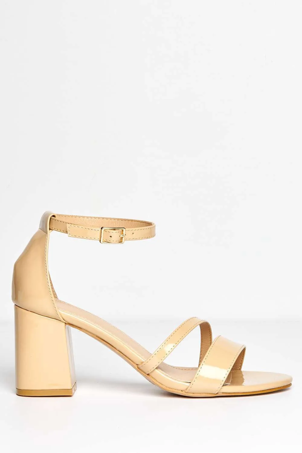 Aubrie Ankle Strap Block Heel Sandals in Nude Patent