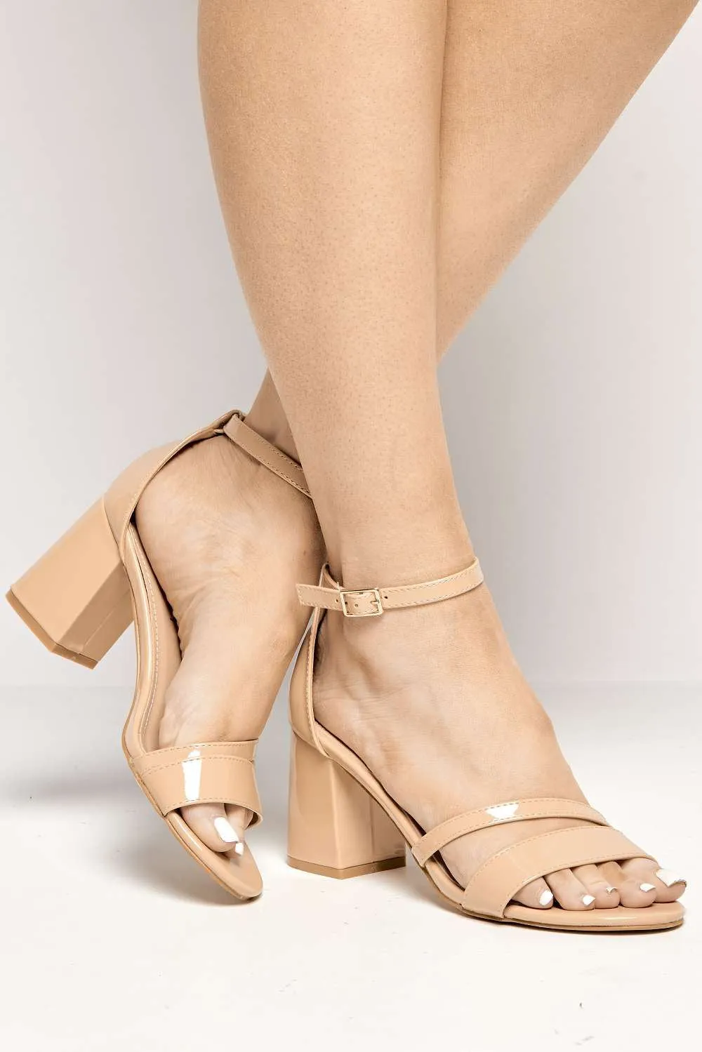 Aubrie Ankle Strap Block Heel Sandals in Nude Patent