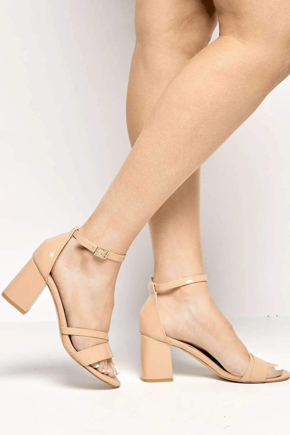 Aubrie Ankle Strap Block Heel Sandals in Nude Patent