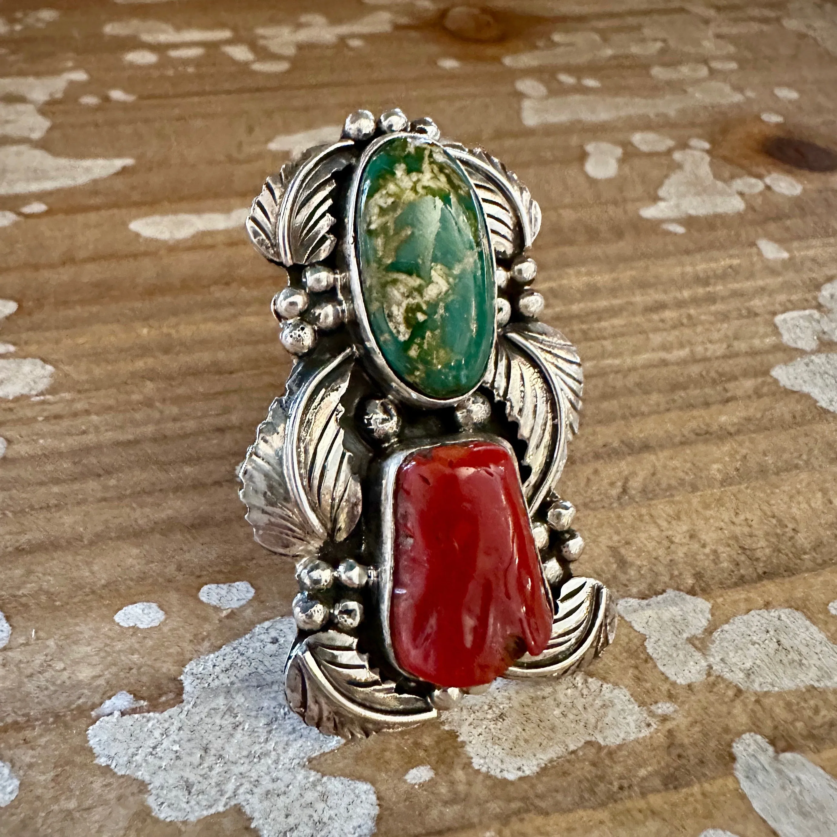 BEYOND BEAUTY Abel Toledo Large Handmade Ring Sterling Silver, Turquoise, Coral  Size 9 1/2