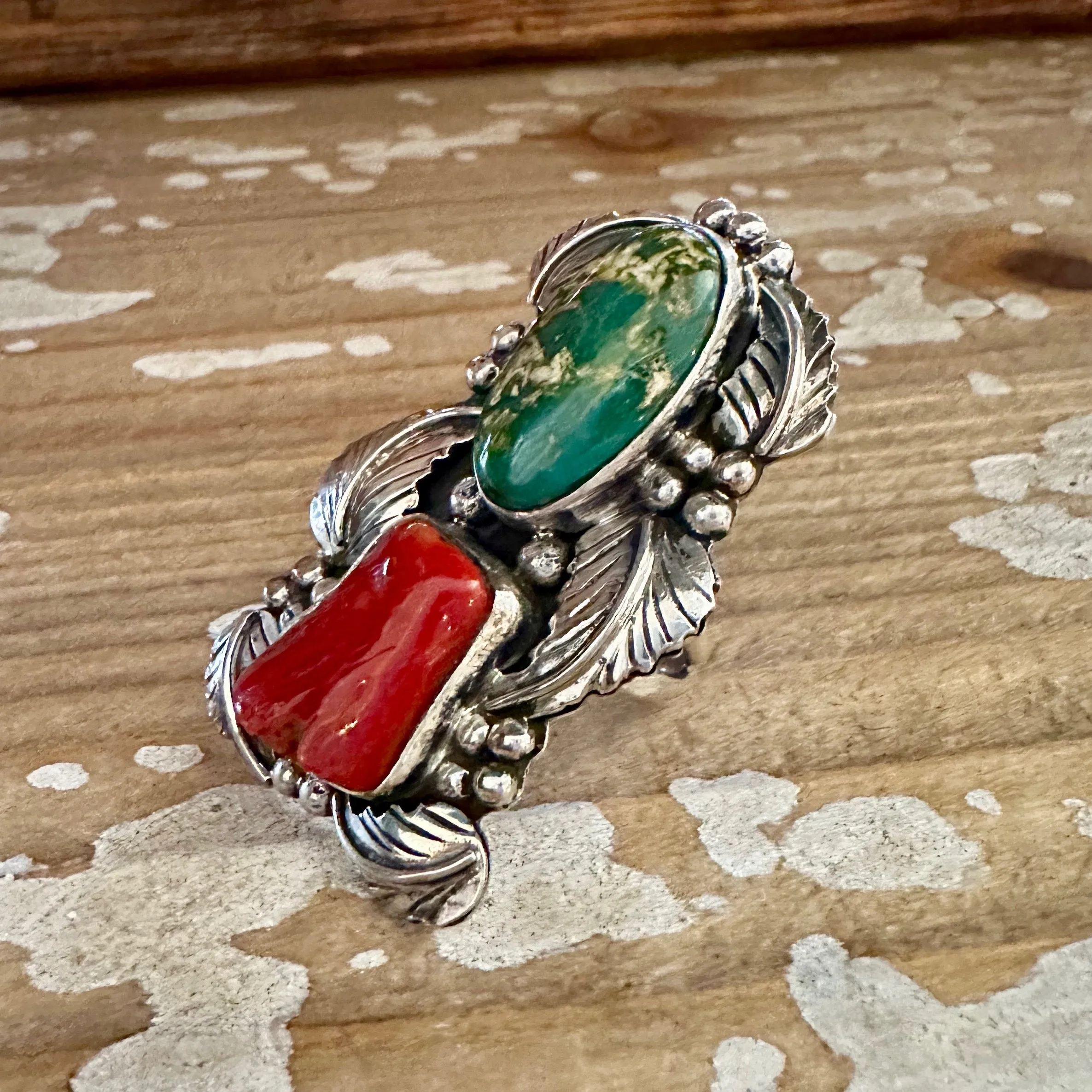 BEYOND BEAUTY Abel Toledo Large Handmade Ring Sterling Silver, Turquoise, Coral  Size 9 1/2