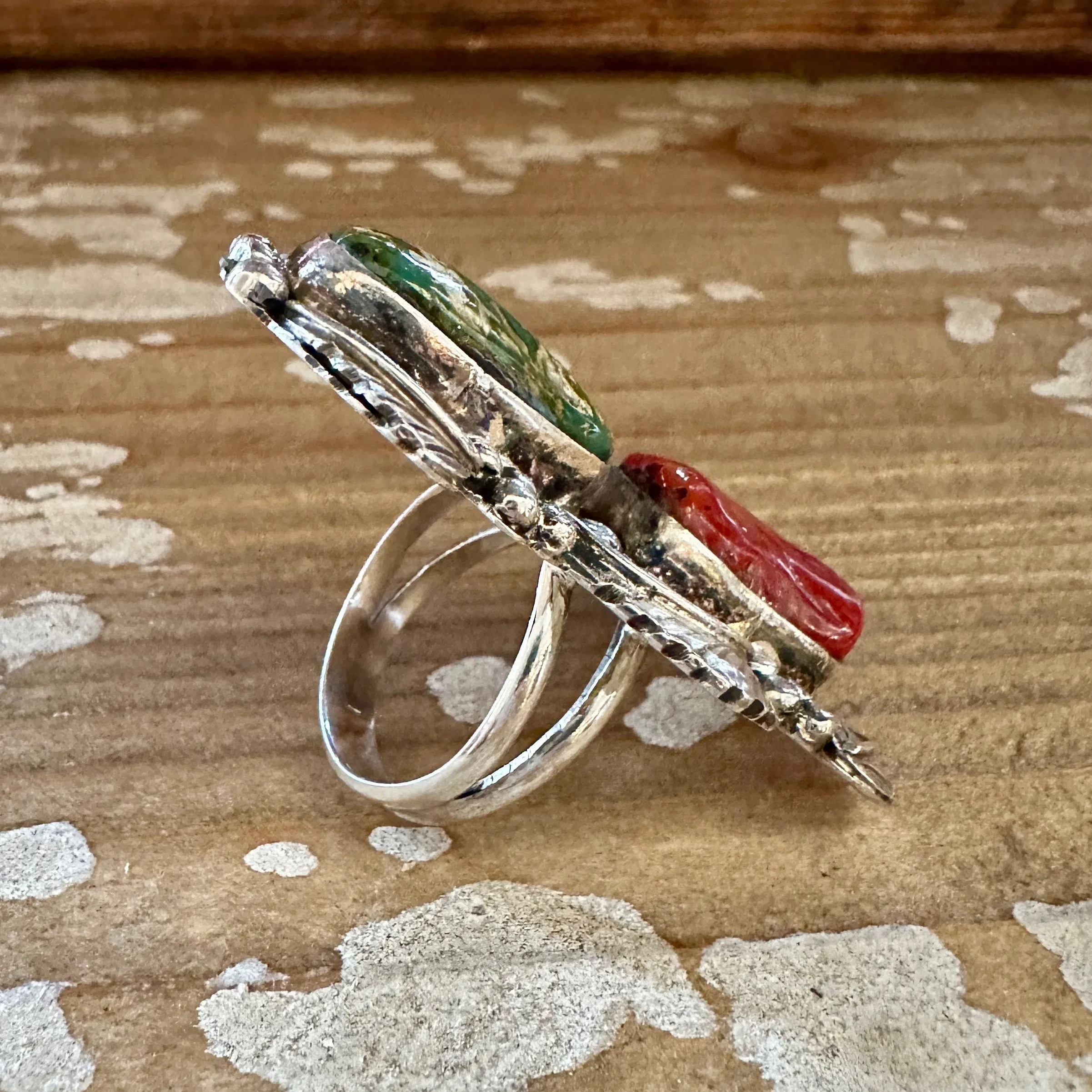 BEYOND BEAUTY Abel Toledo Large Handmade Ring Sterling Silver, Turquoise, Coral  Size 9 1/2