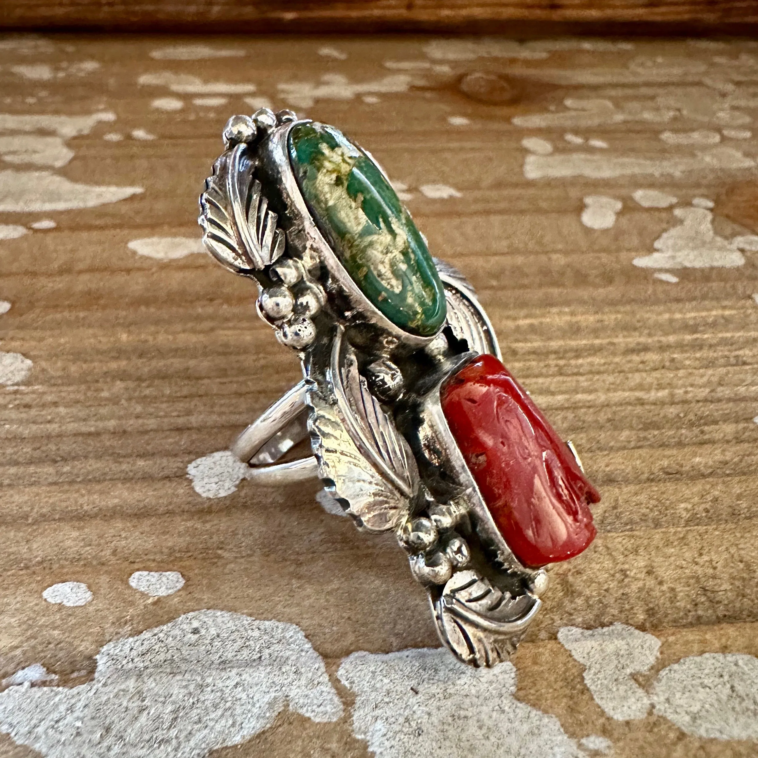 BEYOND BEAUTY Abel Toledo Large Handmade Ring Sterling Silver, Turquoise, Coral  Size 9 1/2