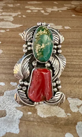 BEYOND BEAUTY Abel Toledo Large Handmade Ring Sterling Silver, Turquoise, Coral  Size 9 1/2