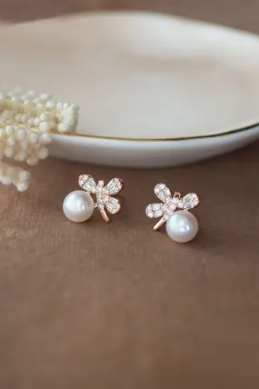 Butterfly On A Pearl Rose Gold Plated Sterling Silver Stud Earrings