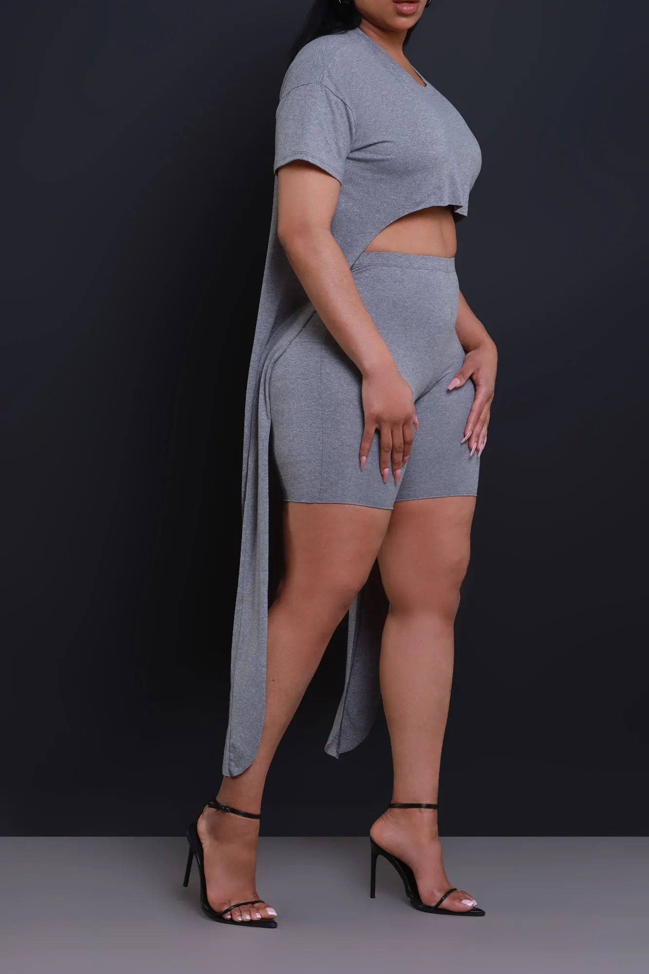 Bye Bye Cropped Long Cut Shorts Set - Grey