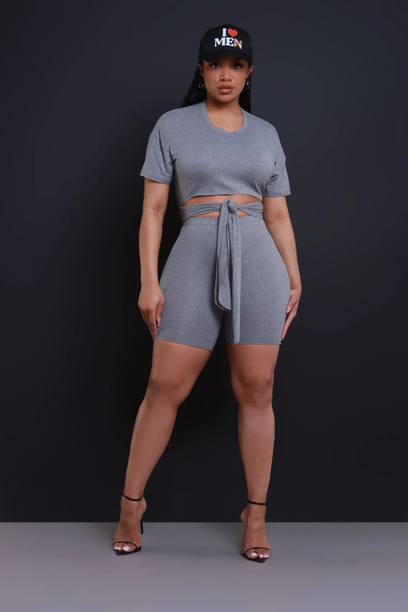 Bye Bye Cropped Long Cut Shorts Set - Grey