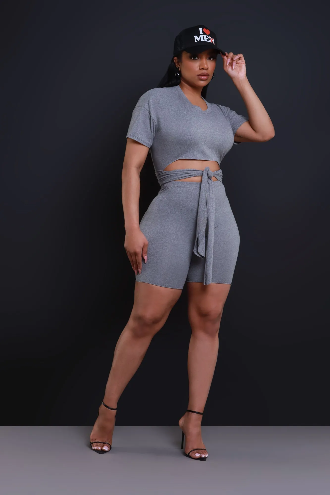 Bye Bye Cropped Long Cut Shorts Set - Grey