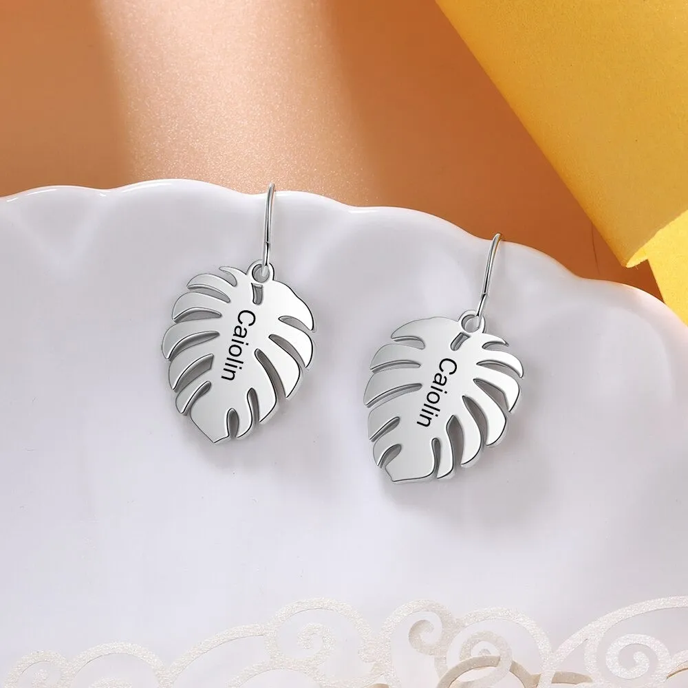 Customized Engraved 1 Name Leaf Earrings