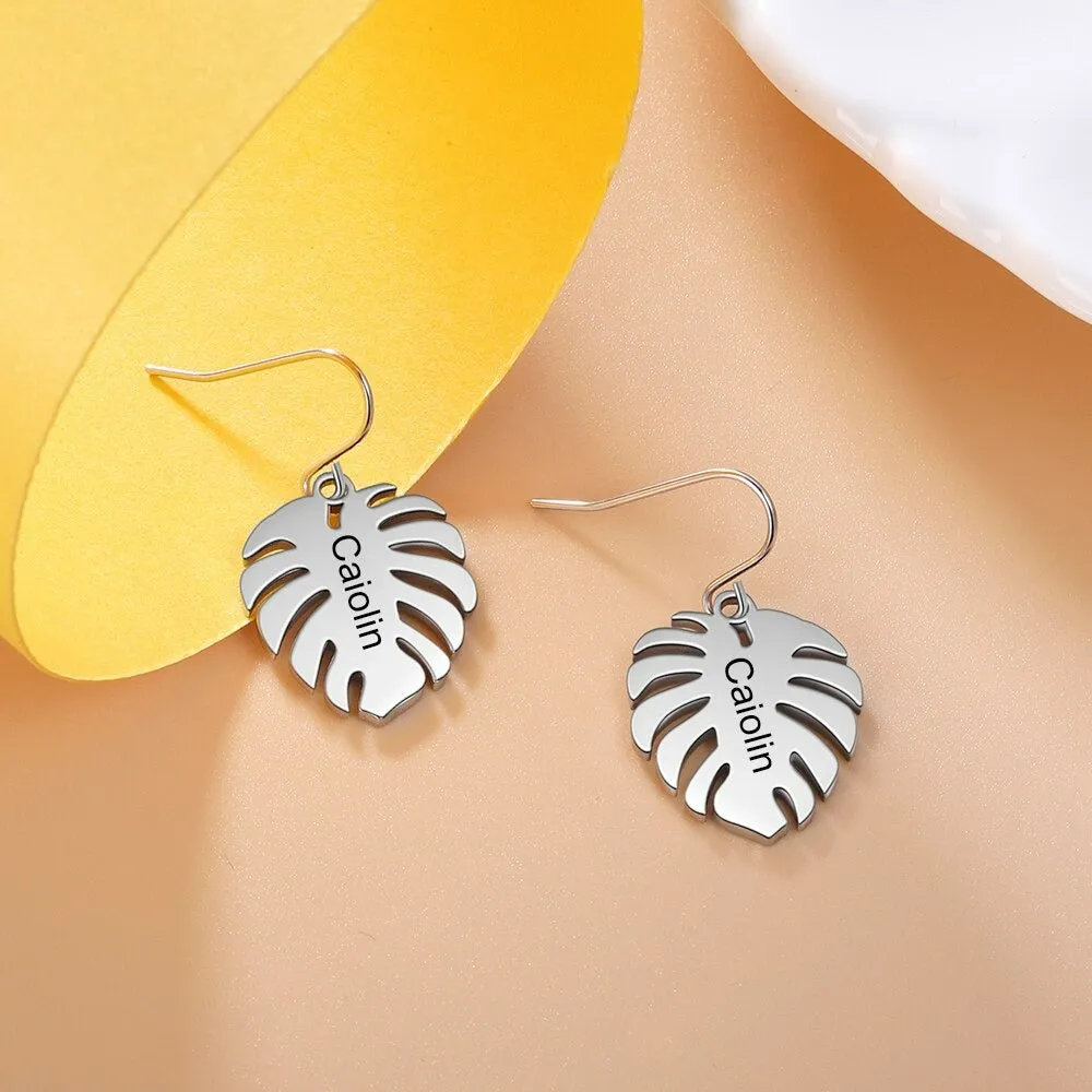 Customized Engraved 1 Name Leaf Earrings