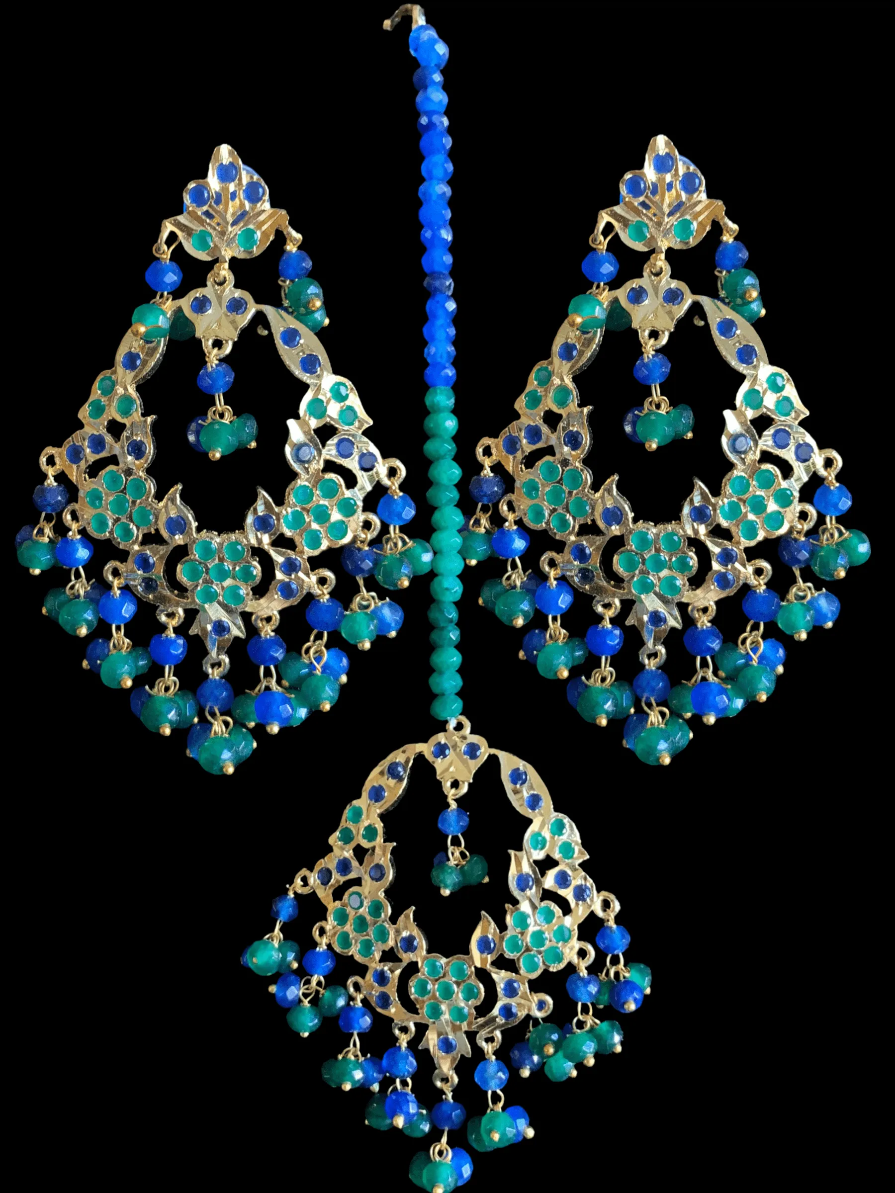 DJET24Madhuri earrings tika set in blue green    ( READY TO SHIP)