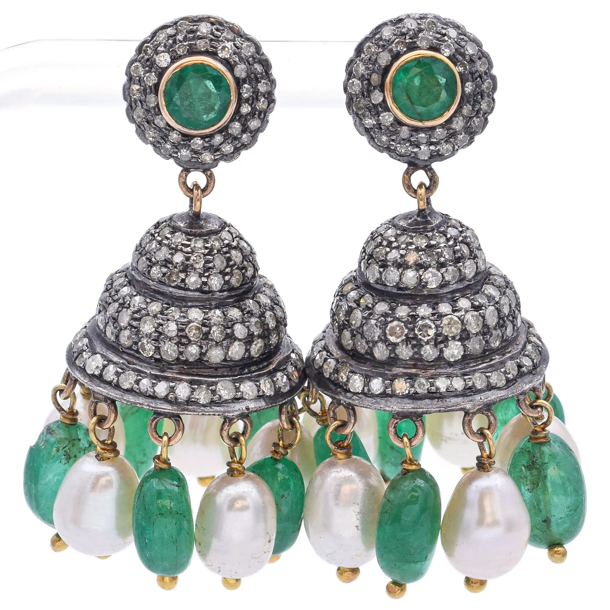 Estate 18K Gold & Sterling Silver Pearl Emerald & 3.29 TCW Diamond Drop Earrings