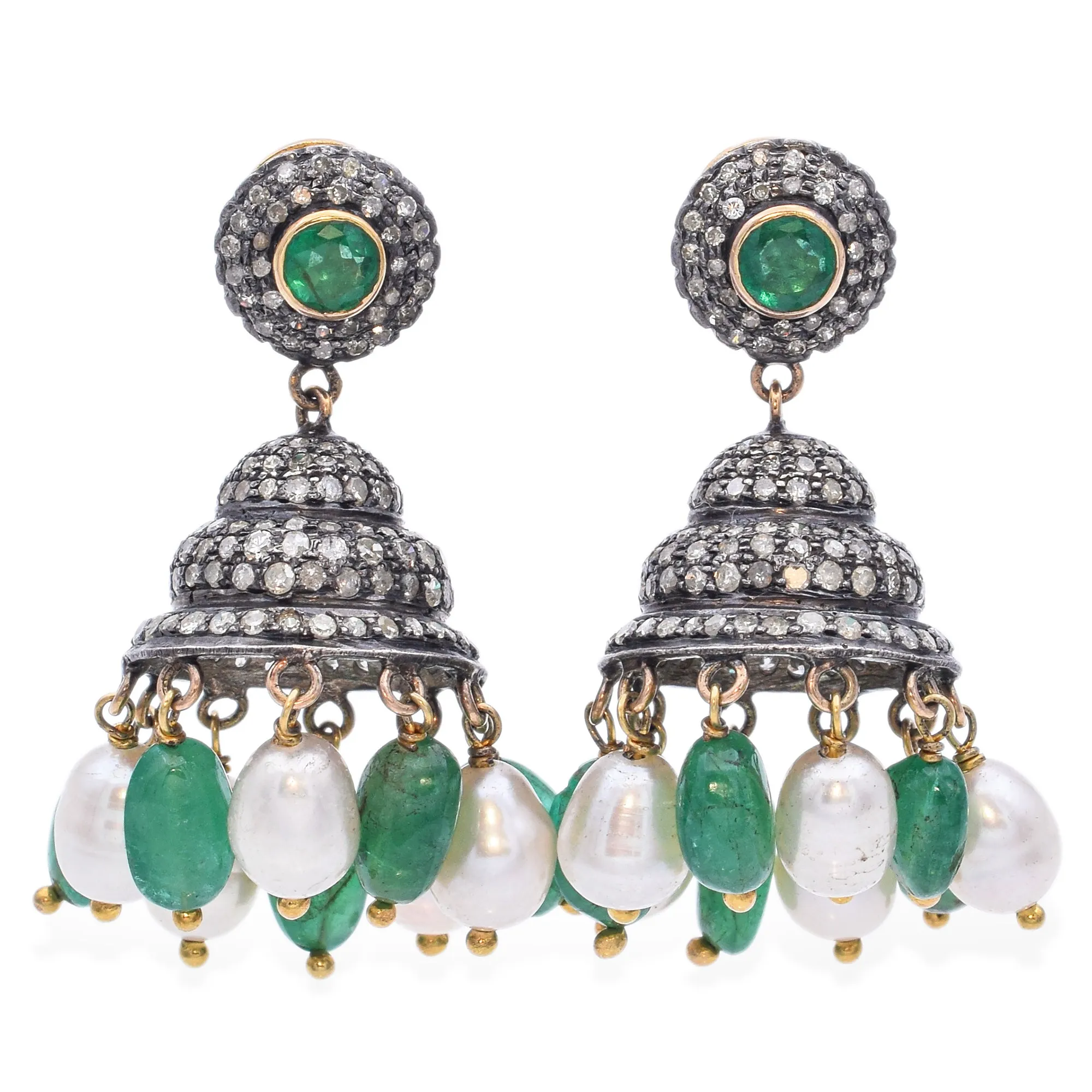 Estate 18K Gold & Sterling Silver Pearl Emerald & 3.29 TCW Diamond Drop Earrings