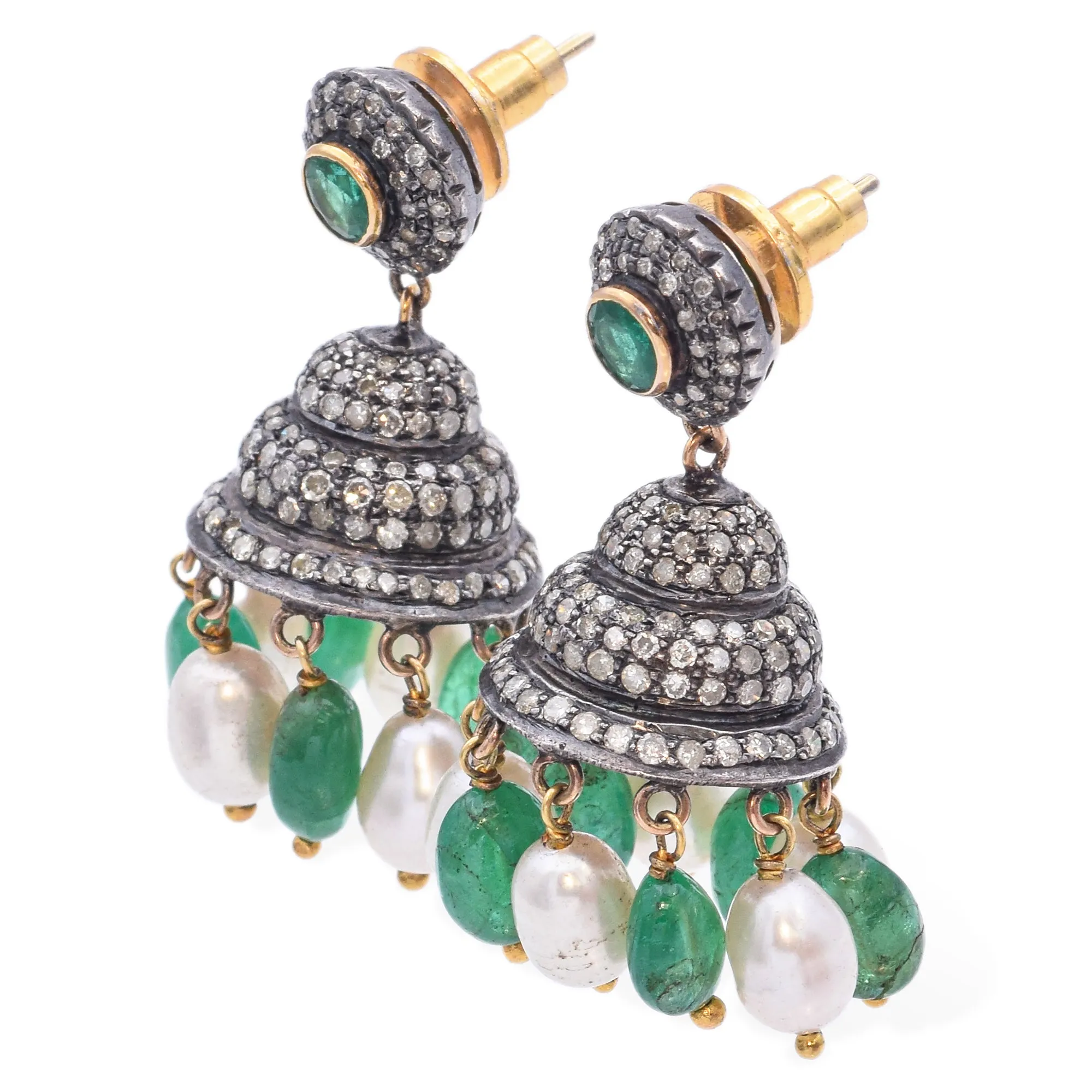 Estate 18K Gold & Sterling Silver Pearl Emerald & 3.29 TCW Diamond Drop Earrings