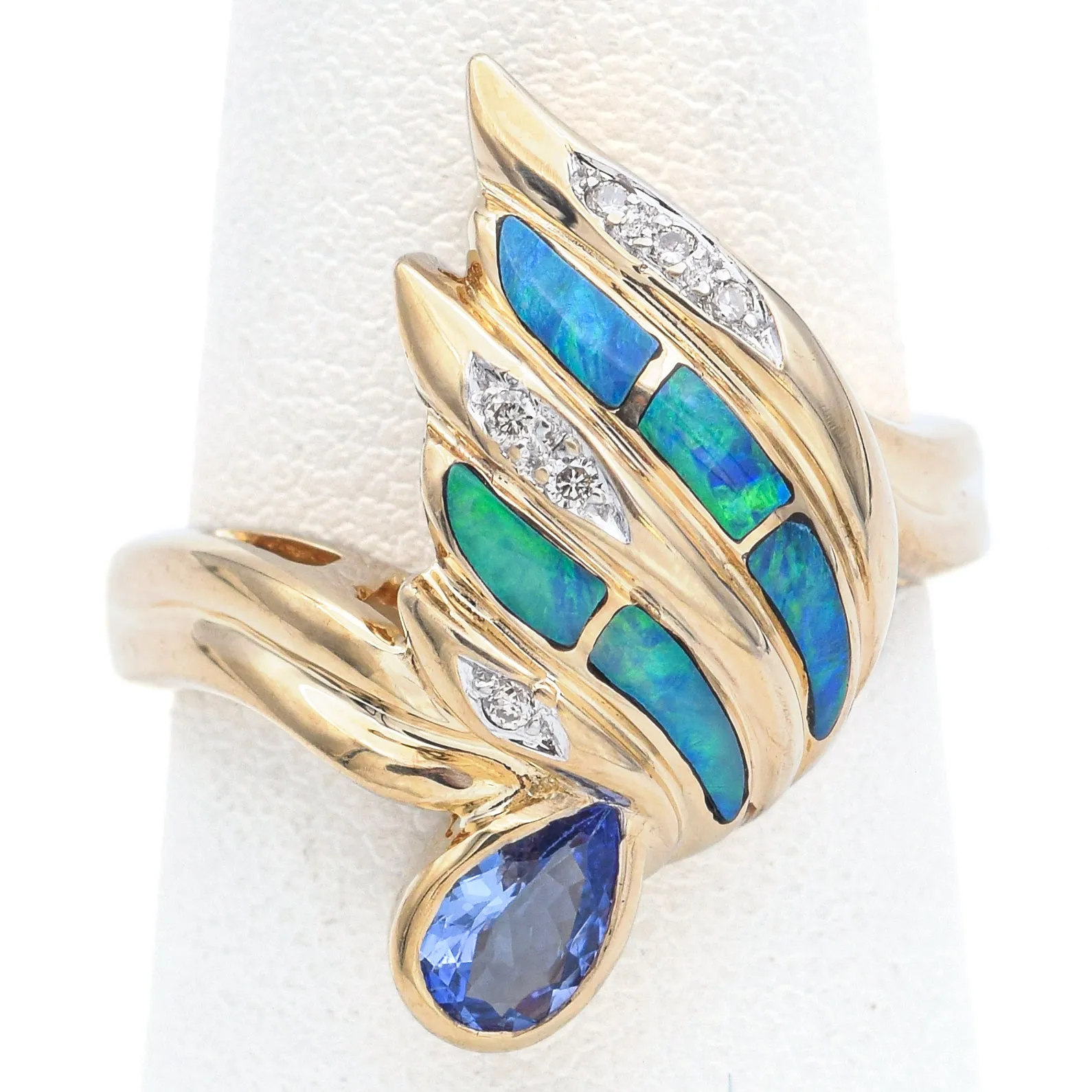 Estate Tanzanite, Black Opal & Diamond 14K Yellow Gold Band Ring Size 7