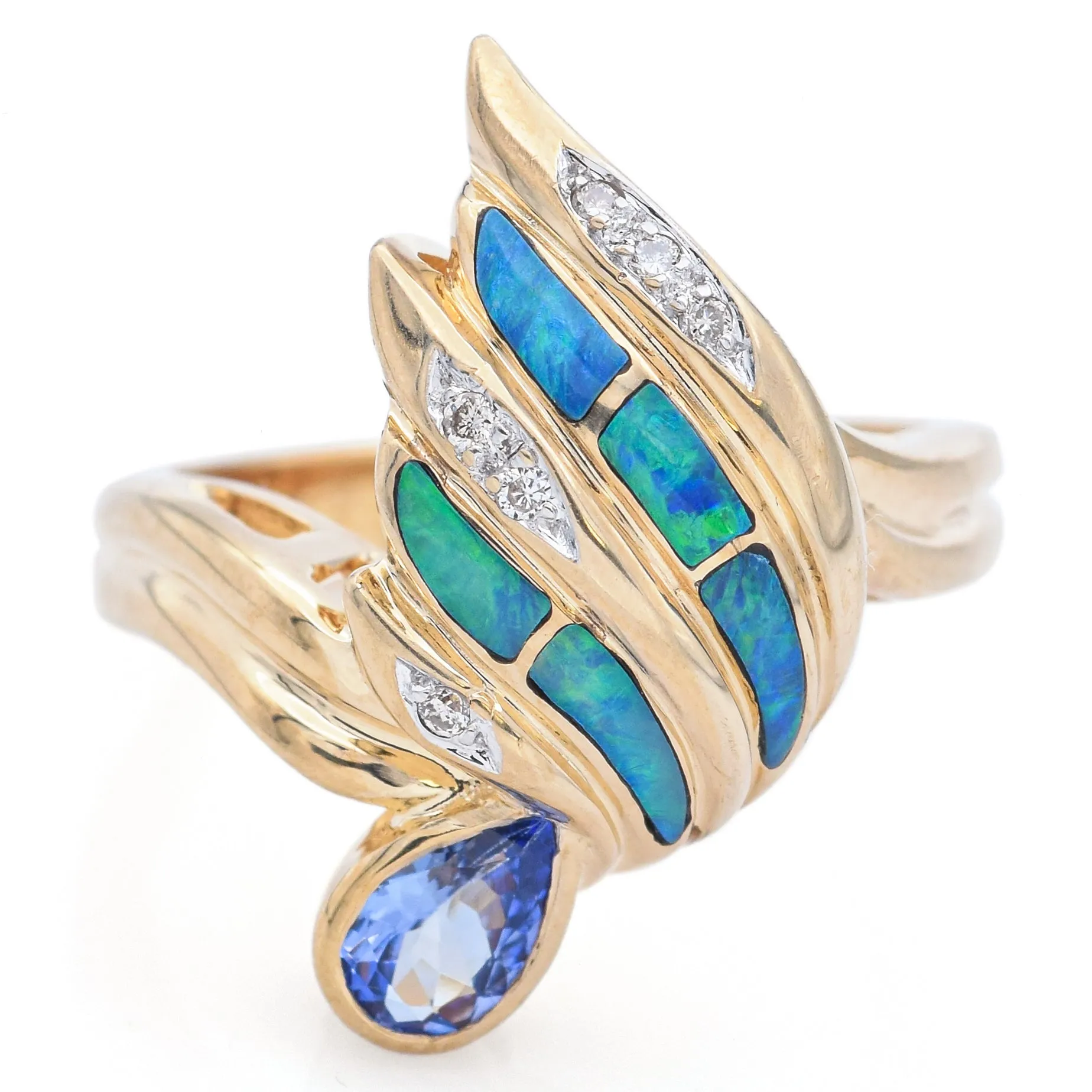 Estate Tanzanite, Black Opal & Diamond 14K Yellow Gold Band Ring Size 7