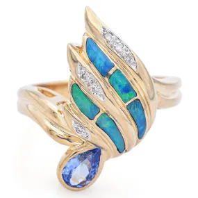 Estate Tanzanite, Black Opal & Diamond 14K Yellow Gold Band Ring Size 7