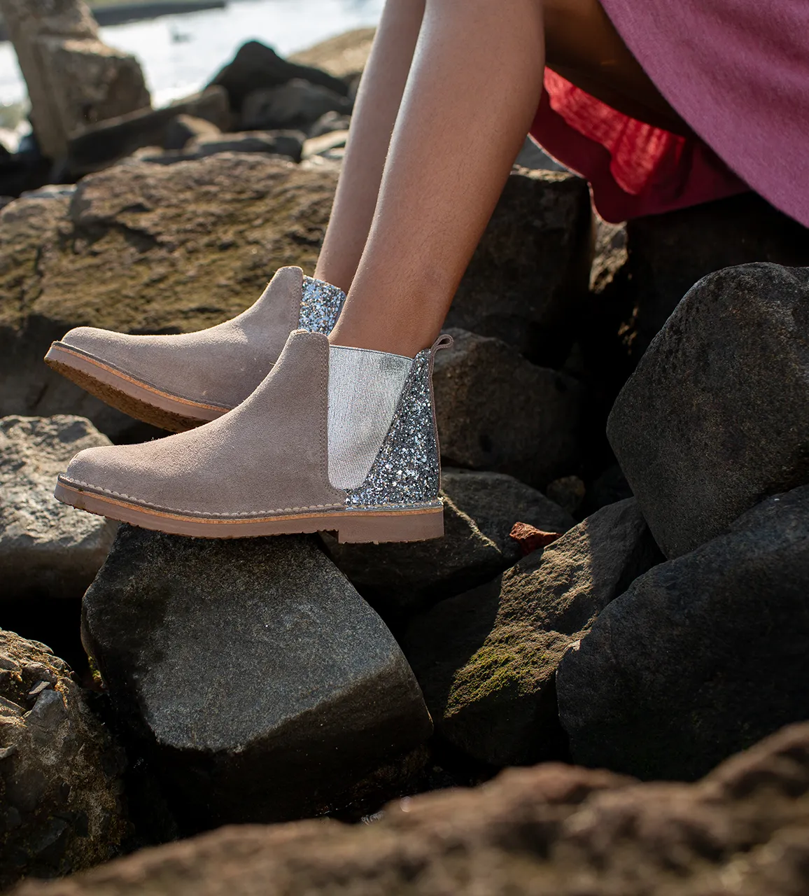 Glitter and Suede Chelsea Boots in Taupe