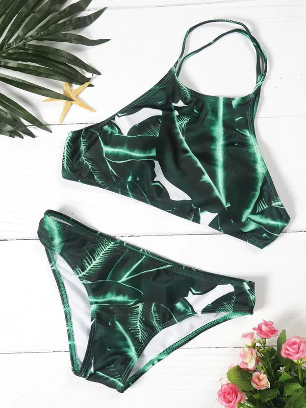 Green Leaves Pattern Cut Away Swimsuit