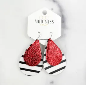 Leather Stacked Teardrop Earring Metallic Red on Black & White Stripes (Thick Stripes)