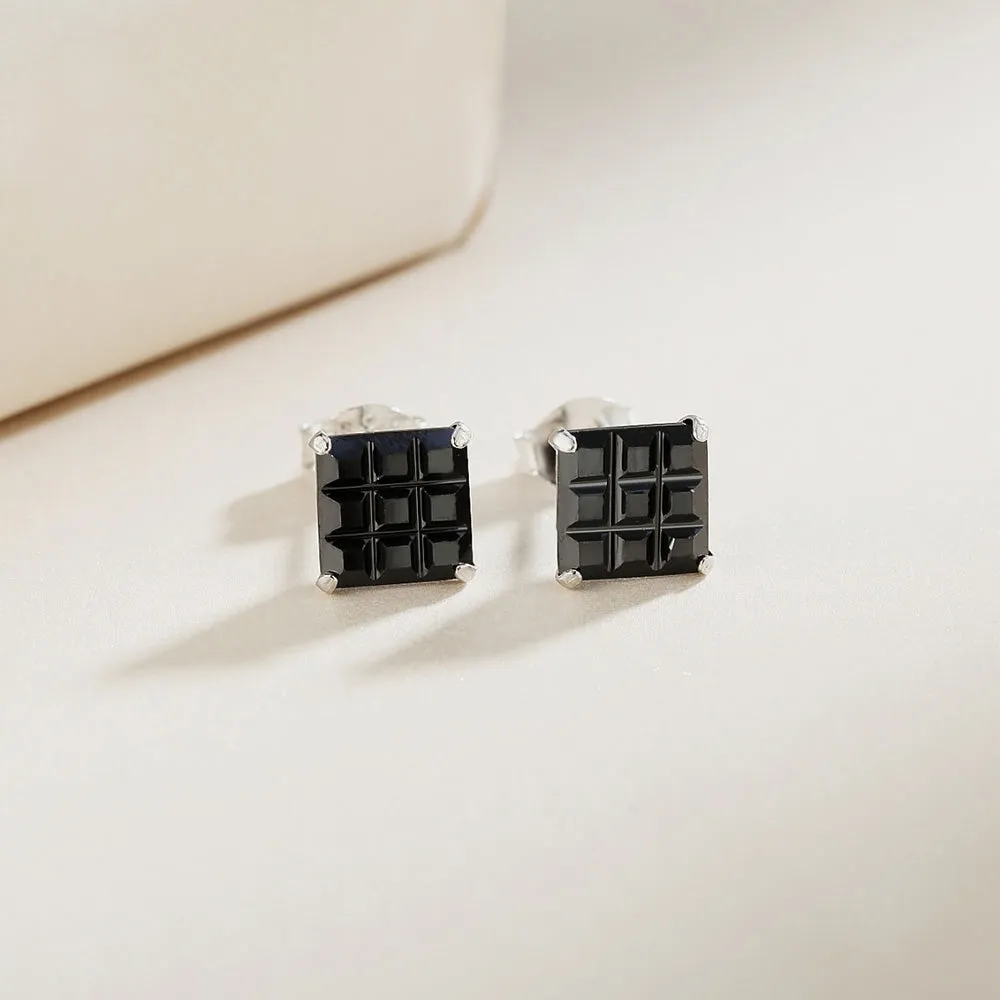 Mal Black Onyx Square Cut Silver Stud Earrings