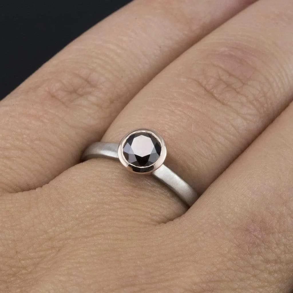 Mixed Metal Black Diamond Bezel Solitaire Engagement Ring