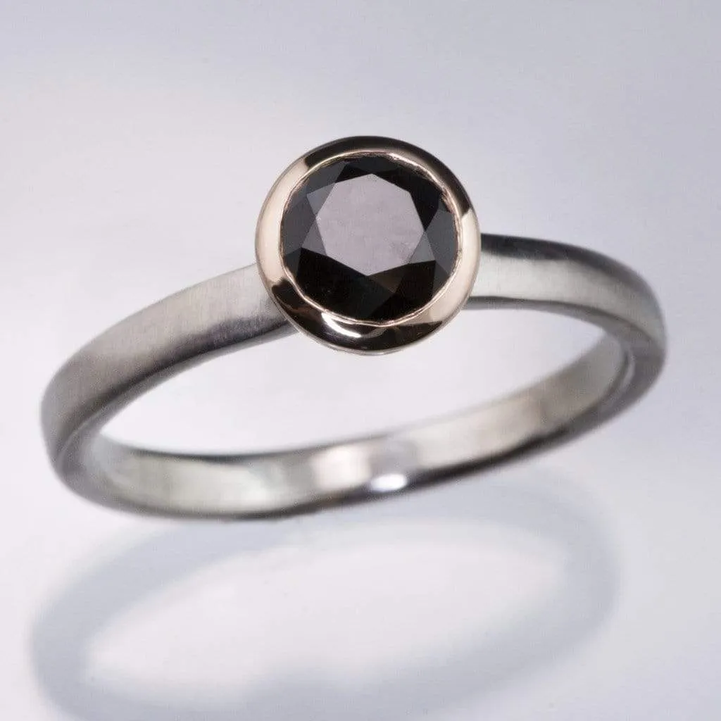 Mixed Metal Black Diamond Bezel Solitaire Engagement Ring