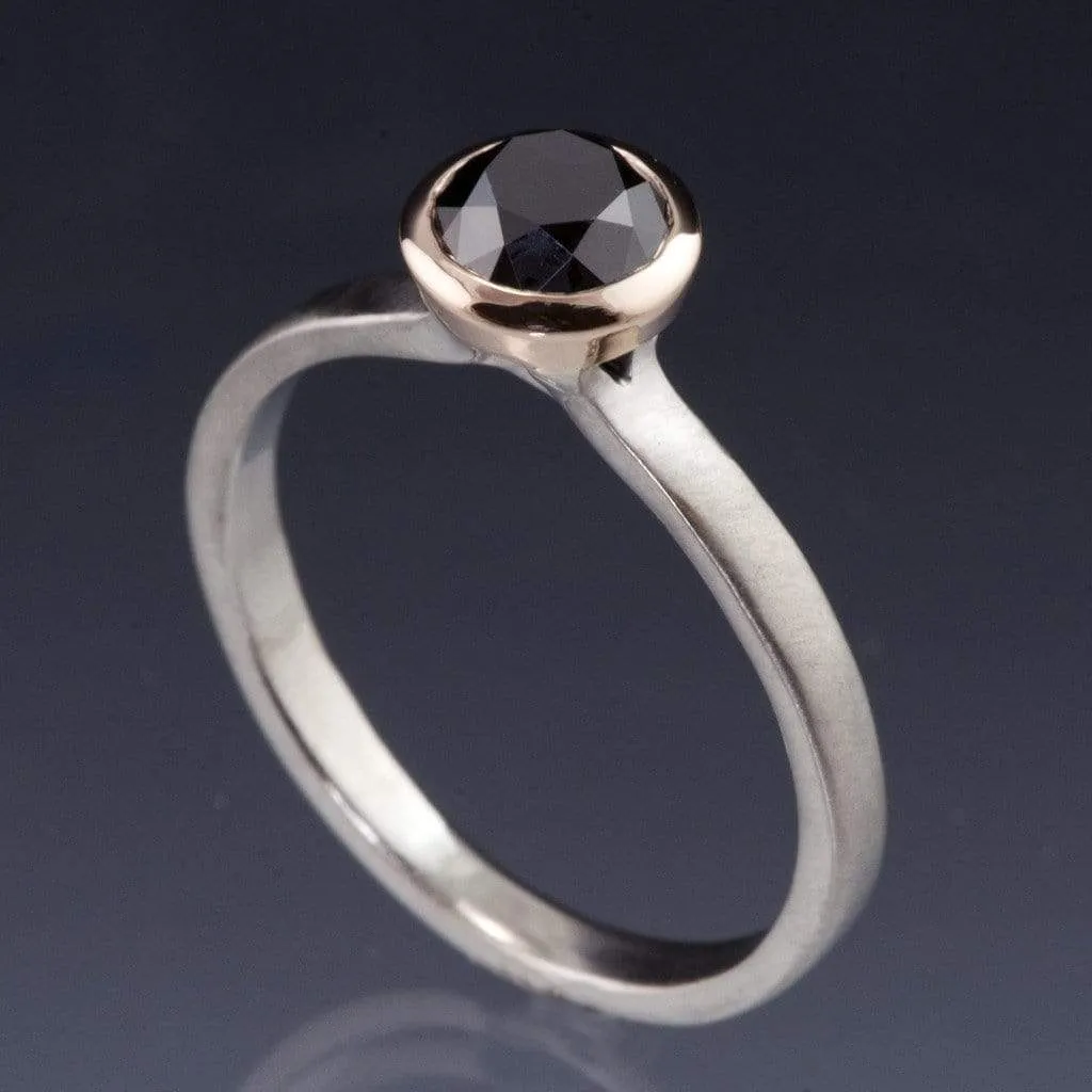 Mixed Metal Black Diamond Bezel Solitaire Engagement Ring