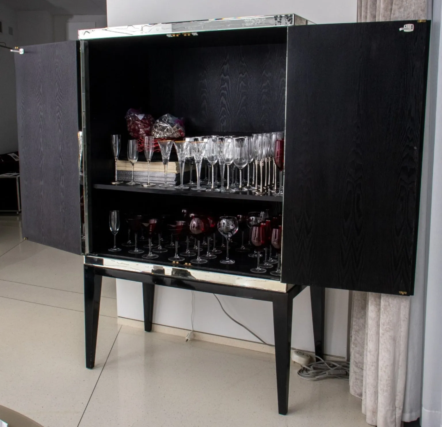 Modern Mirrored Ebonized Wood Two Door Cabinet