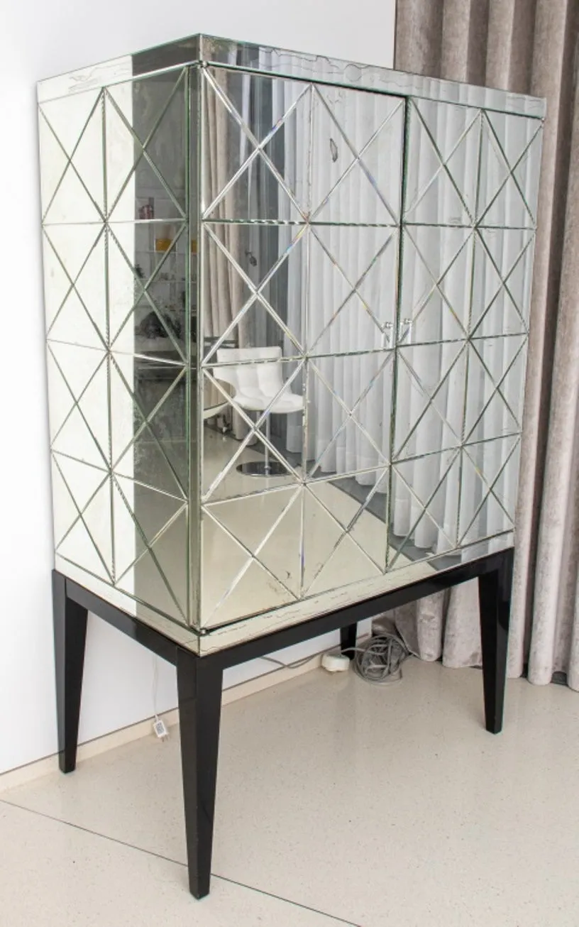 Modern Mirrored Ebonized Wood Two Door Cabinet