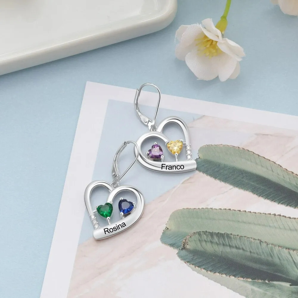 Personalized 4 Stones 2 Names Heart Earrings