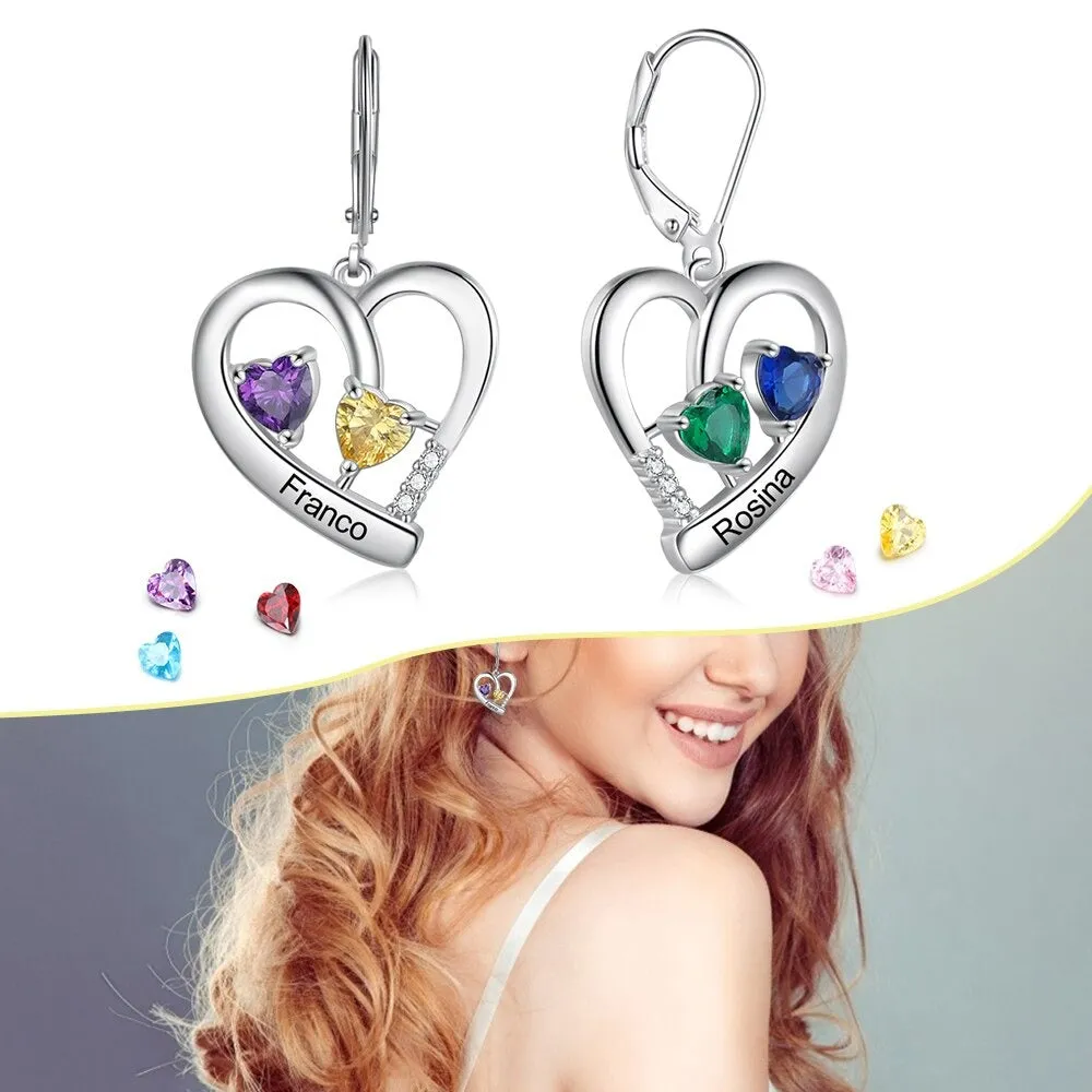 Personalized 4 Stones 2 Names Heart Earrings