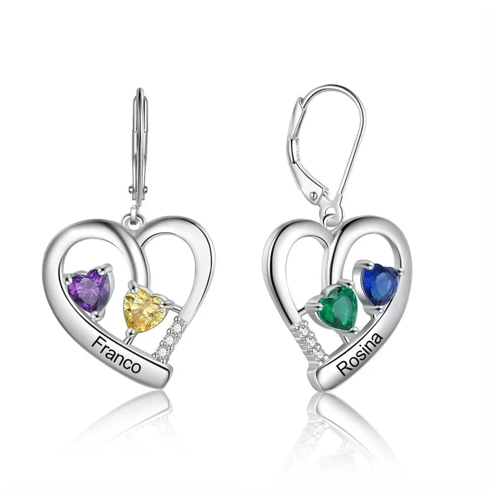 Personalized 4 Stones 2 Names Heart Earrings