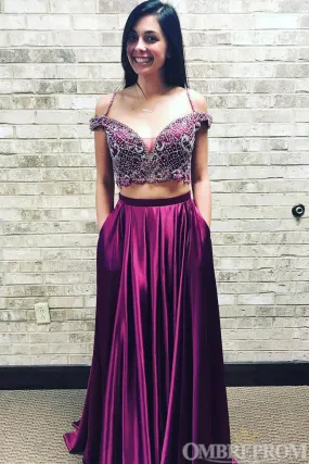 Two Piece Prom Dresses Spaghetti Straps Off Shoulder Event Dres with Beading